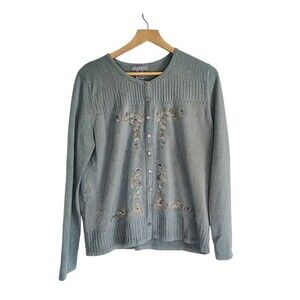 Vintage Koret Embroidered Floral Knit Cardigan Sweater Women’s Large Blue